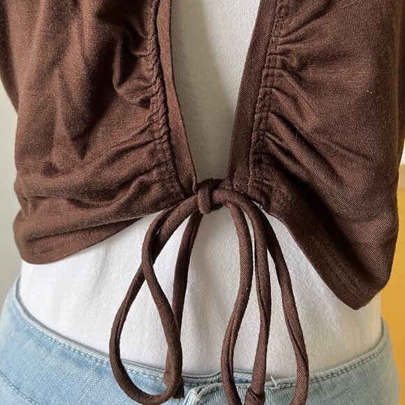 BROWN Tie-Front Cropped Shrug w/ Flutter Sleeve - Picture 3 of 7